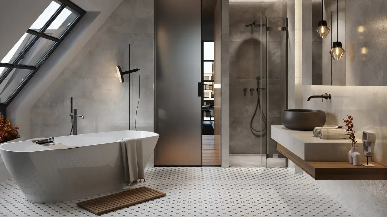 Moderne Badezimmer-Fliesen-Ideen: Freistehende Wanne, Dusche und Waschbecken mit Betonoptik.
