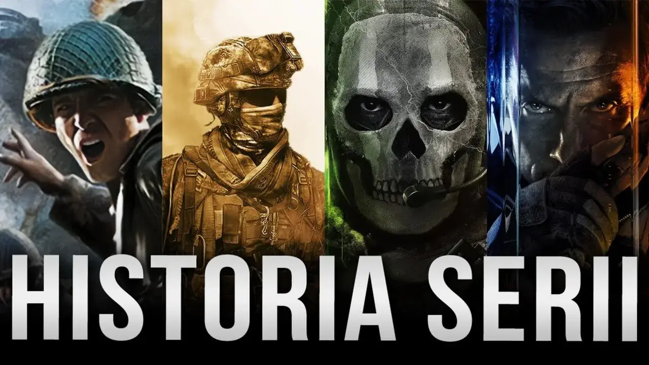 Kolaż postaci z gier, w tym żołnierze i kultowa maska Ghosta, ilustruje historię serii, która oferuje wrażenia podobne do Call of Duty.