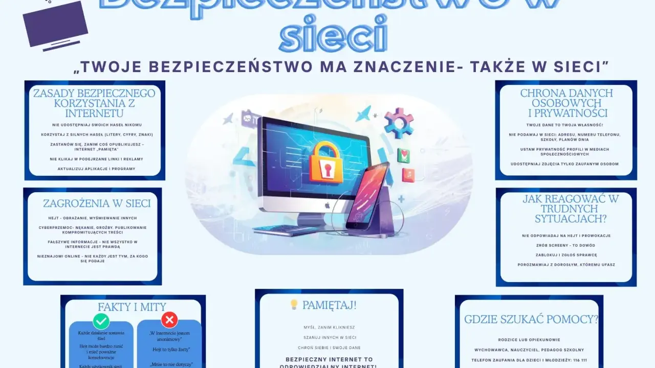 Grafika o bezpieczeństwie w sieci: komputer z kłódką, smartfon, zasady, zagrożenia, reakcje, fakty i mity, pomoc.