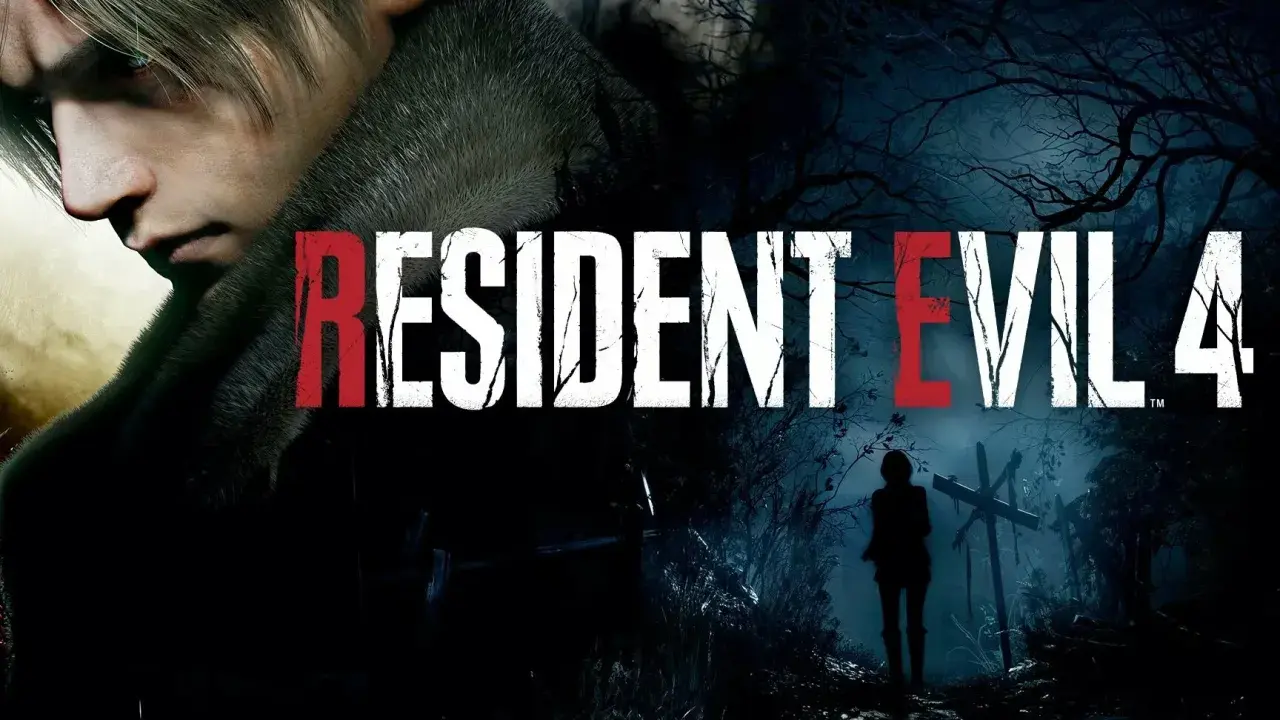 Leon S. Kennedy w mrocznym lesie, obok napisu Resident Evil 4. Ten obraz to świetny wstęp do poradnika Resident Evil 4.