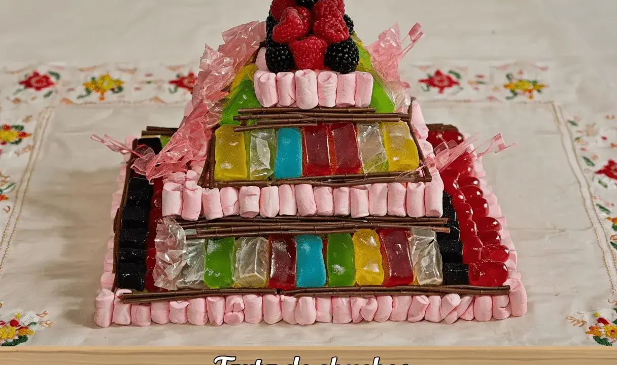 Una pirámide de tartas de gominolas, con capas de malvaviscos rosas, gominolas de colores y frutos rojos en la cima.