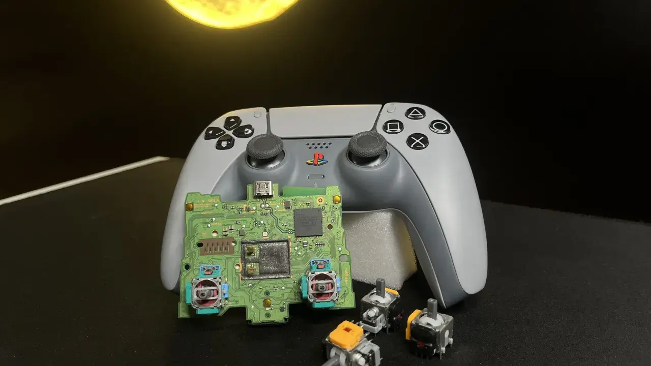 Na zdjęciu widać rozłożony kontroler DualSense z płytką drukowaną i kilkoma joystickami.