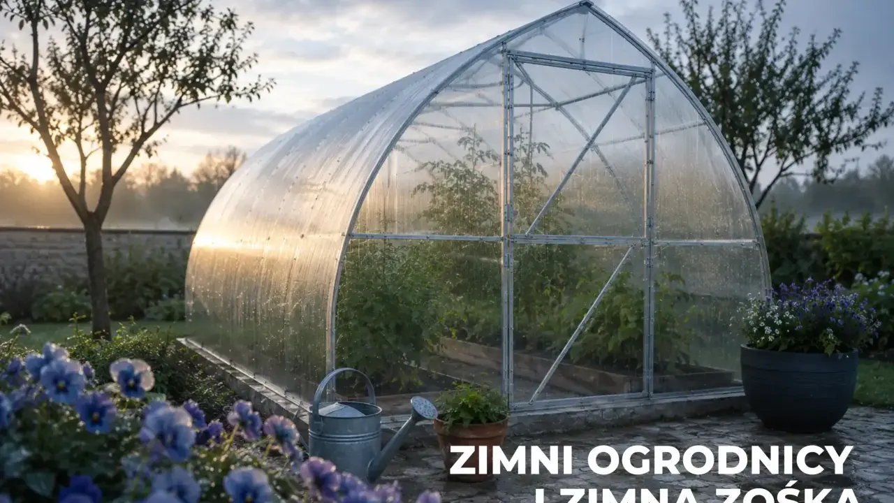 Szklarnia w ogrodzie o wschodzie słońca, z kwiatami i konewką. Czas na zimni ogrodnicy, kiedy pogoda bywa kapryśna.