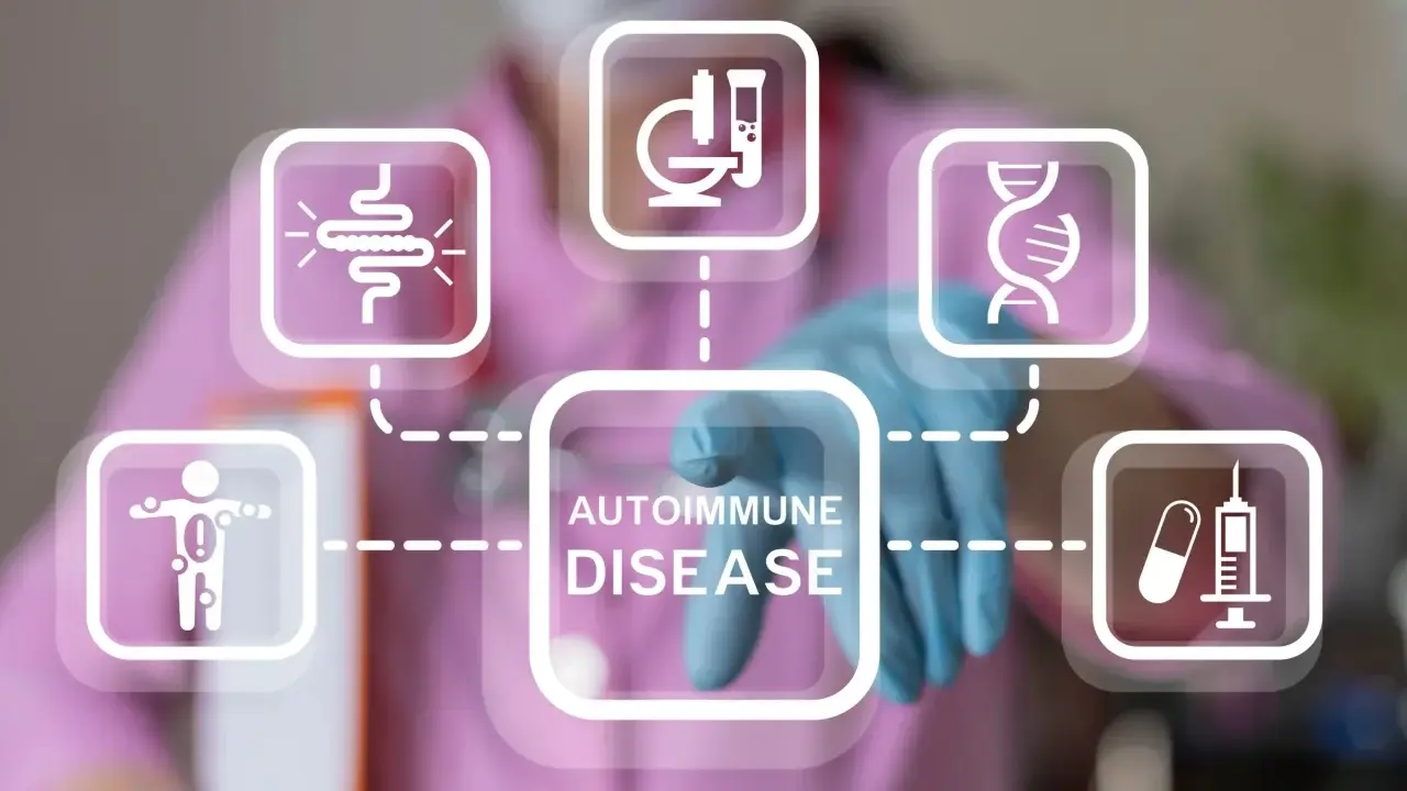 Grafika przedstawia schemat chorób autoimmunologicznych z ikonami: jelita, mikroskop, DNA, ciało ludzkie i leki.