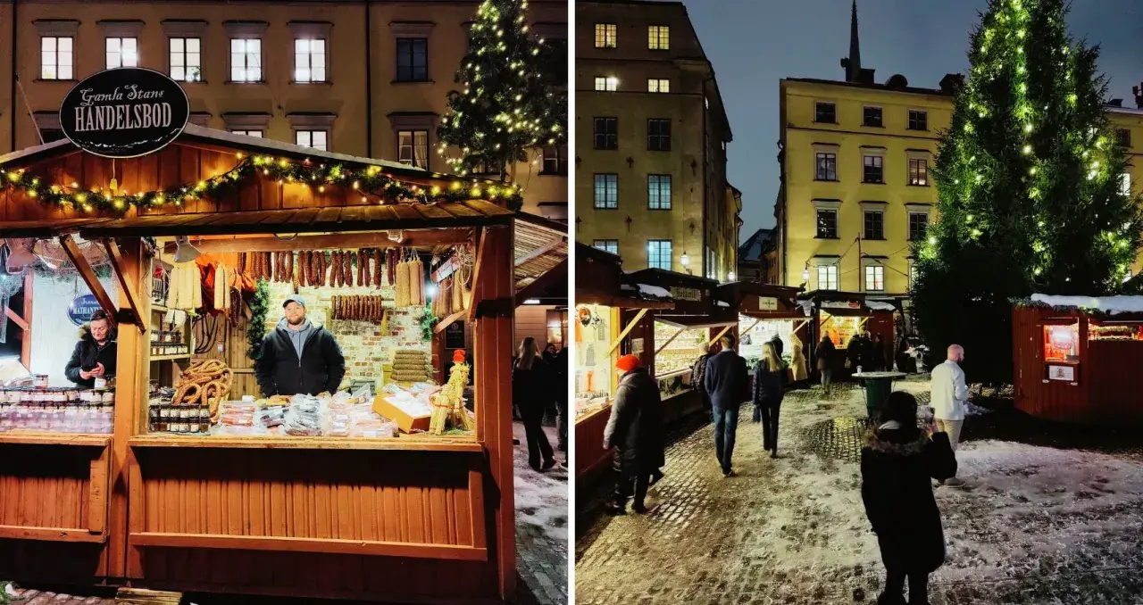 Julmarknad på Stortorget med snö på marken, julgranar och försäljningsstånd med korv och godsaker.