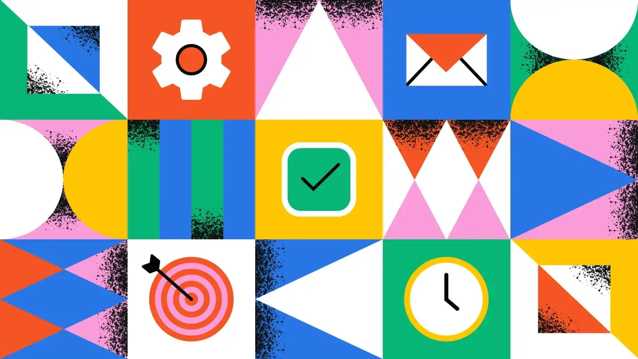 Icônes colorées : engrenage, enveloppe, cible, coche, horloge. Une illustration abstraite pour une application de tâches à faire.