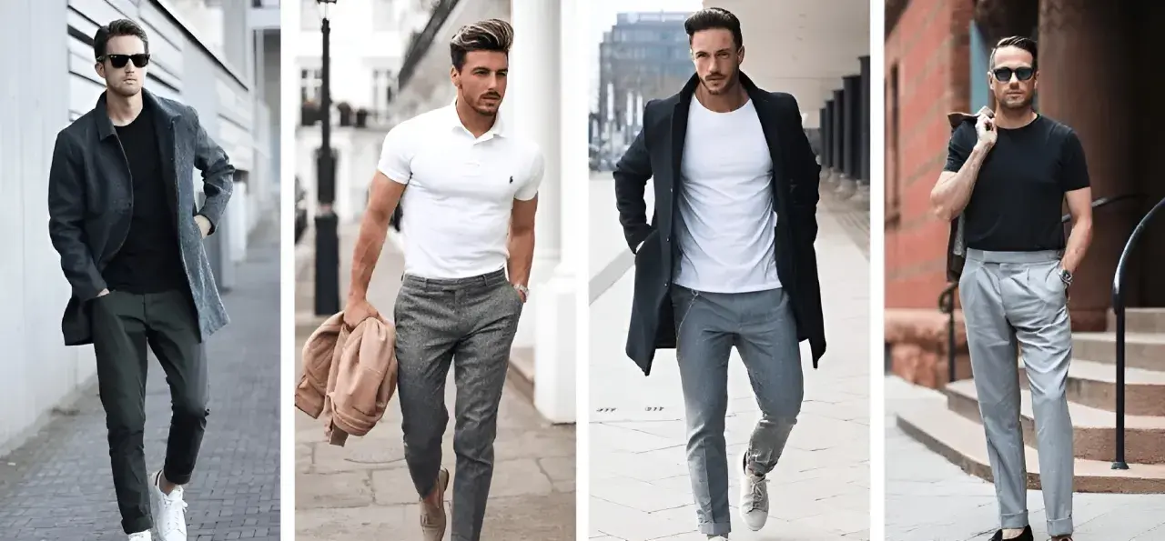 Four men showcase stylish gray pants outfits, from casual to smart-casual looks.