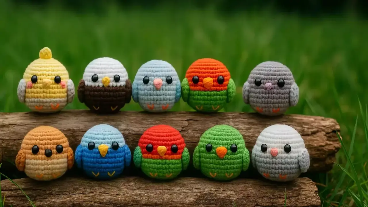 Diez adorables pajaritos de ganchillo, de varios colores, sentados en un tronco. ¡Perfectos patrones para crear tu propia bandada!