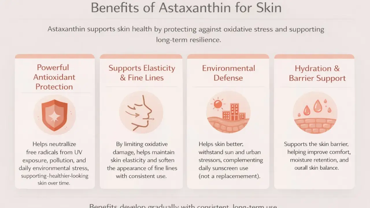 Les bienfaits de l'astaxanthine pour la peau : protection antioxydante, élasticité, défense environnementale et soutien de la barrière cutanée.