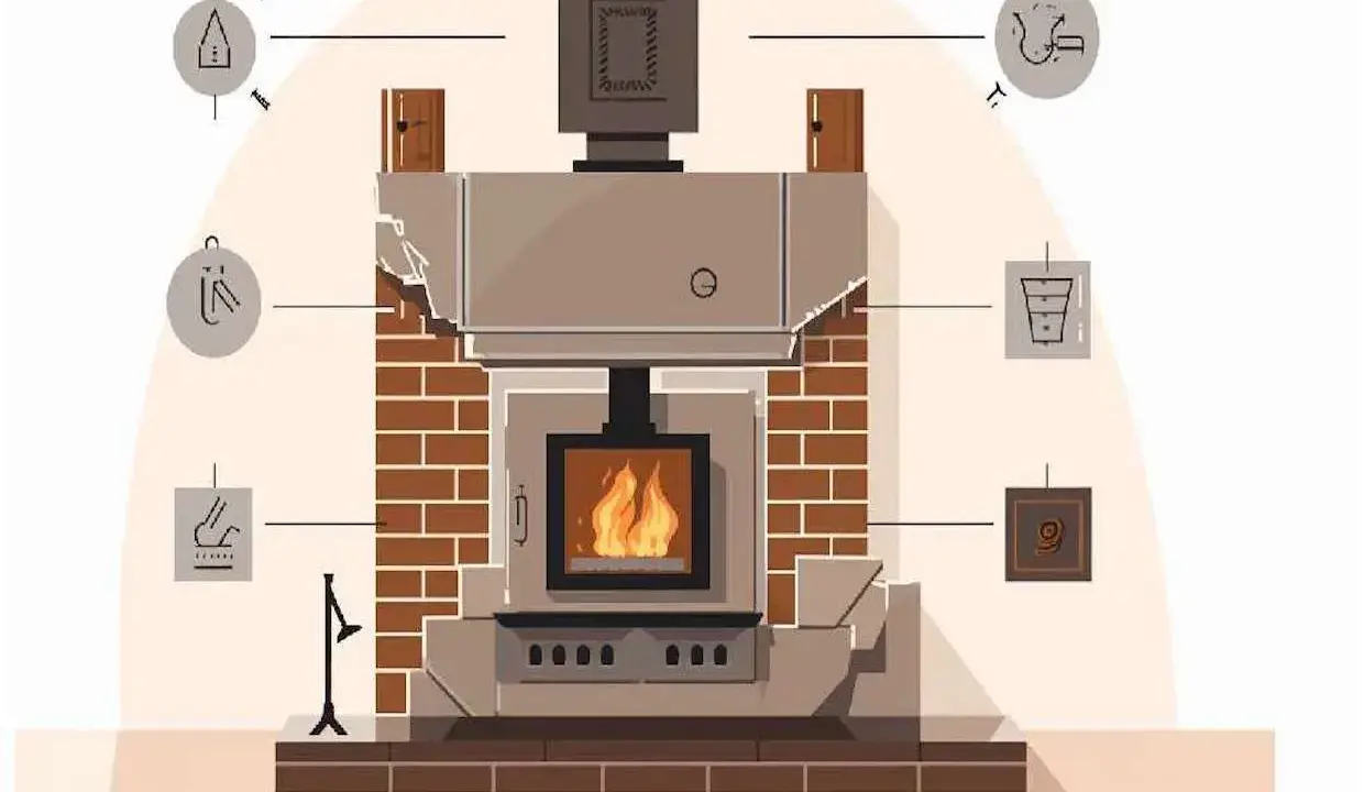 Ilustración de una chimenea con iconos que detallan la normativa chimeneas viviendas unifamiliares.