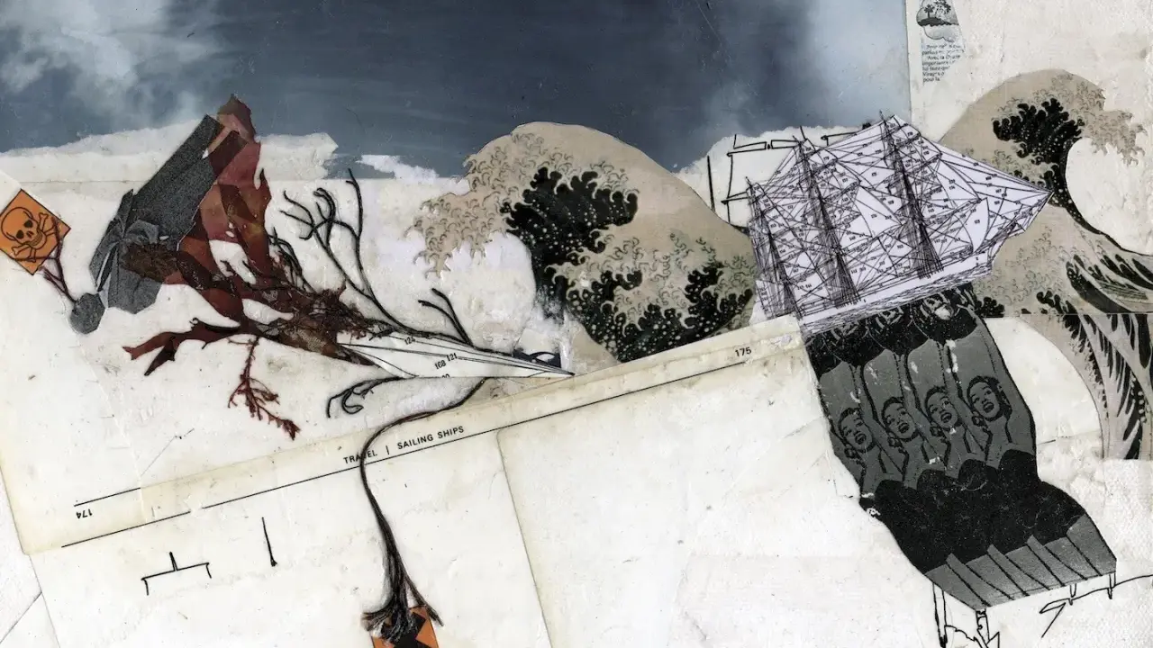 A dramatic collage art piece depicting a sailing ship navigating stormy seas, with elements of seaweed, a skull and crossbones, and a row of faces.