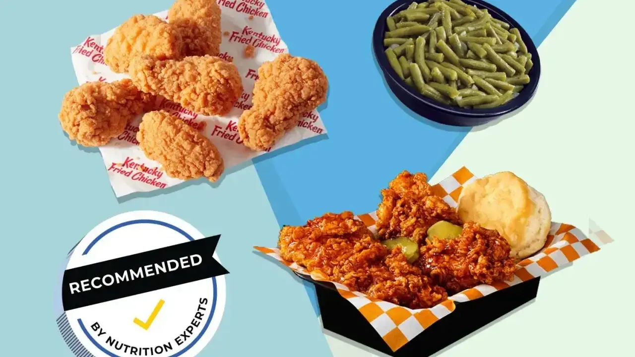 Kawałki smażonego kurczaka KFC, fasolka szparagowa i bułka. Czy to dobry wybór pod kątem twister kfc kcal?
