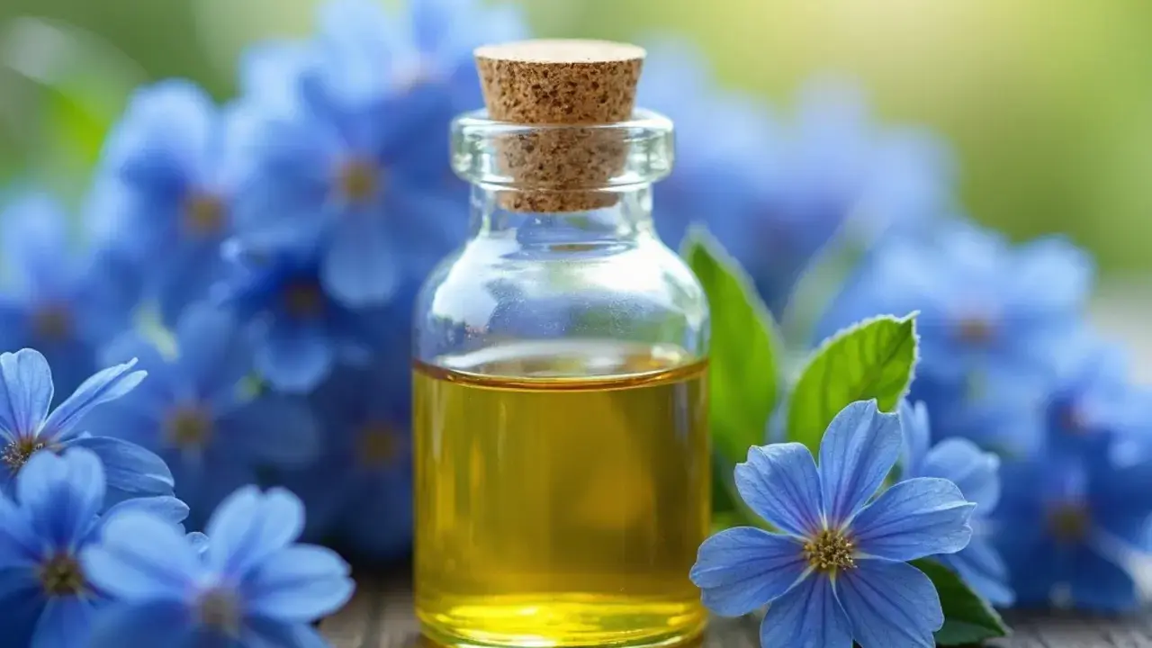 Flacon d'huile de bourrache aux multiples bienfaits, entouré de fleurs bleues délicates sur fond vert.