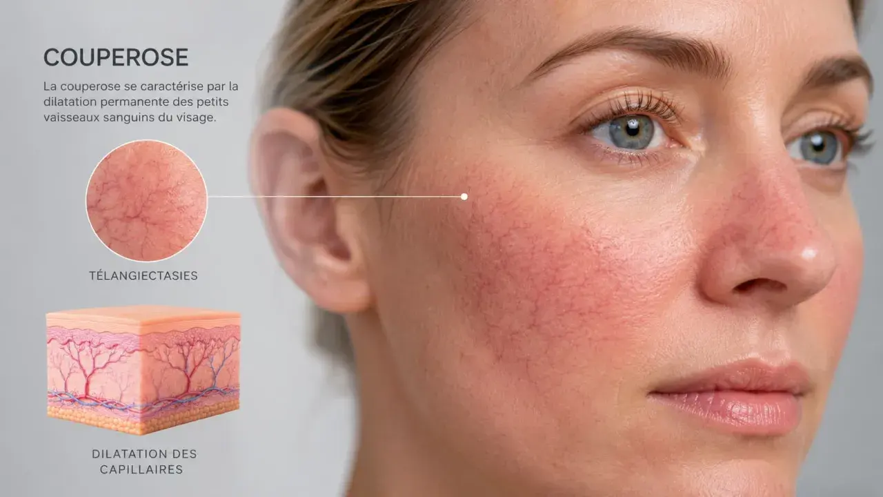 Gros plan sur le visage d'une femme montrant la couperose, avec des vaisseaux sanguins dilatés sur les joues. Des schémas expliquent la dilatation des capillaires.
