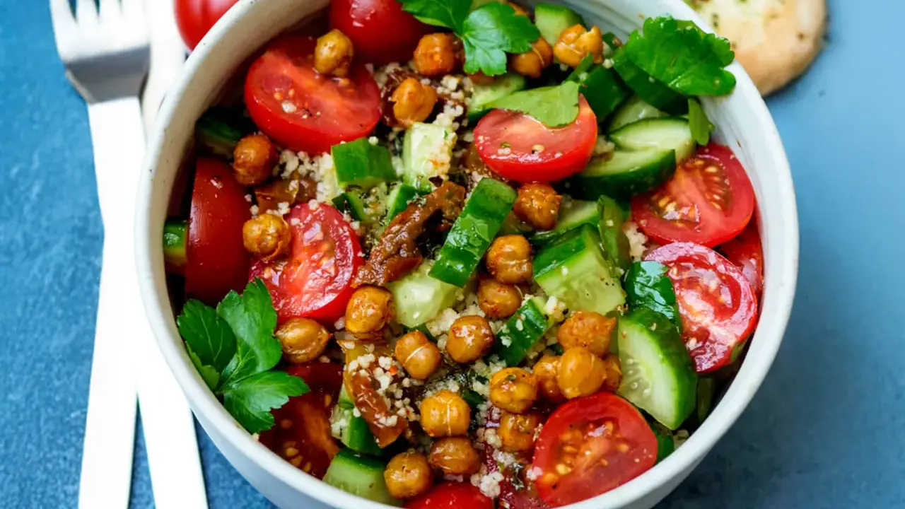 Frischer Couscous-Salat mit Kichererbsen, Tomaten und Gurken, garniert mit Petersilie.