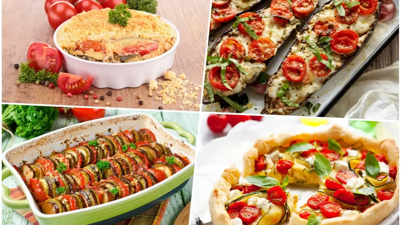 Quatre plats d'été colorés : gratin de légumes, aubergines farcies, ratatouille et tarte salée. Parfaites pour une recette été.
