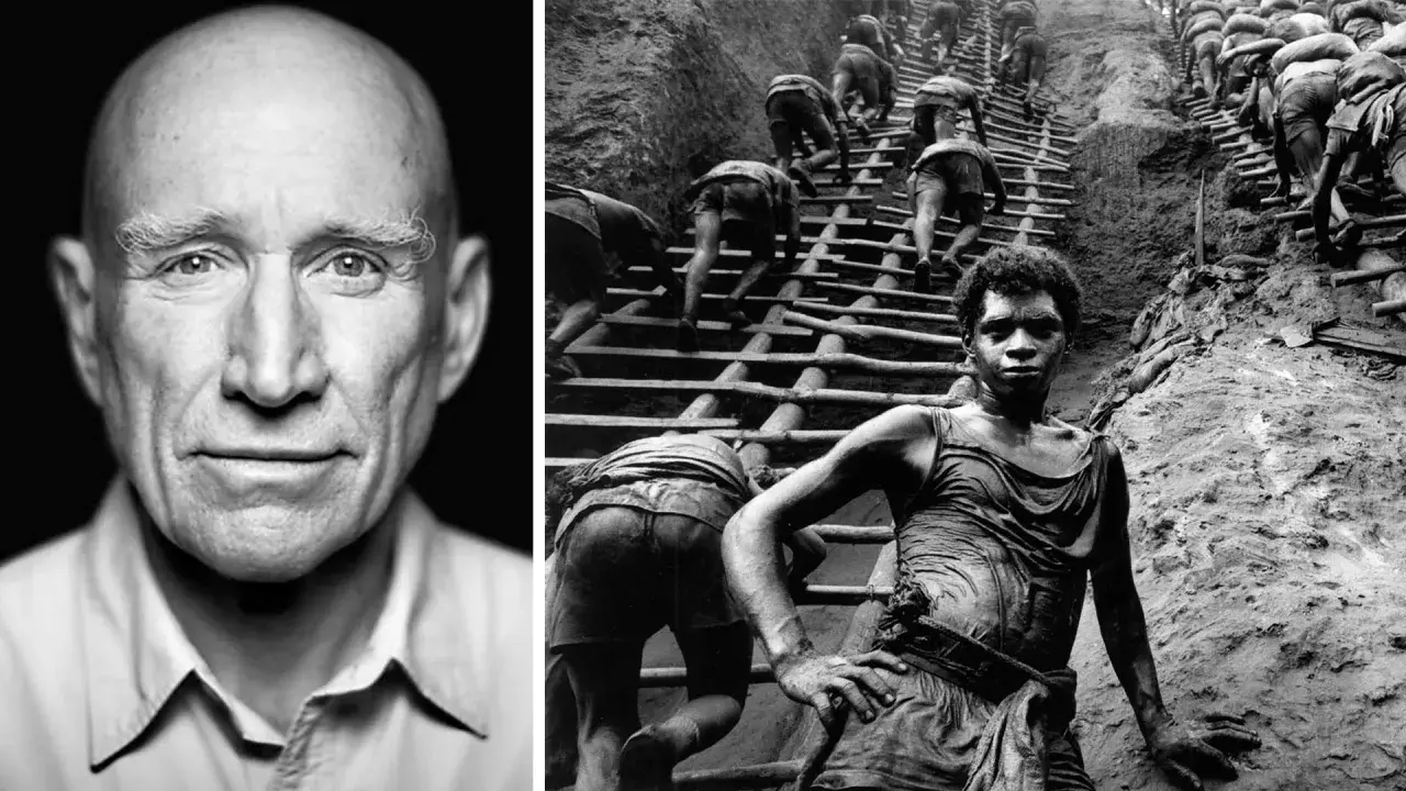 Ritratto di un uomo calvo e un gruppo di persone che scalano una ripida scala di legno. Foto celebri che raccontano storie di vita.