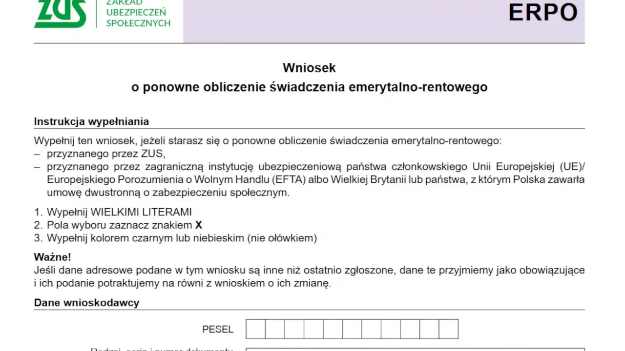 Wniosek o ponowne obliczenie emerytury lub renty. Instrukcja wypełniania wniosku, jak obliczyć emeryturę, dane wnioskodawcy.
