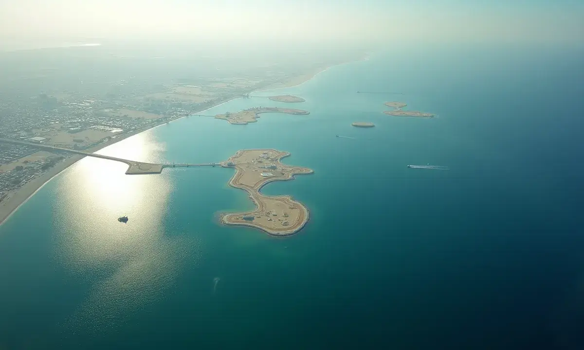 Sztuczne wyspy połączone mostami z lądem, gdzie leży Bahrajn. Widać budynki i statki na turkusowej wodzie.