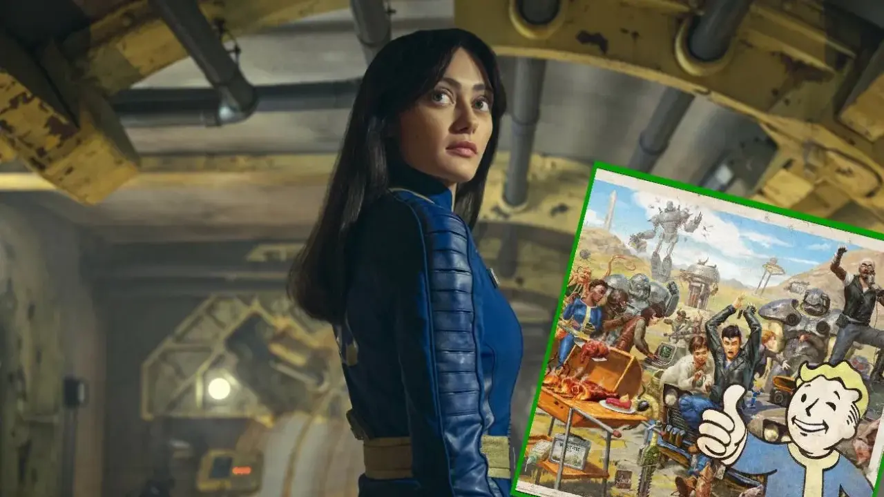 Kobieta w niebieskim kombinezonie z serii Fallout, obok wesoły Vault Boy i scena z postapokaliptycznego świata.