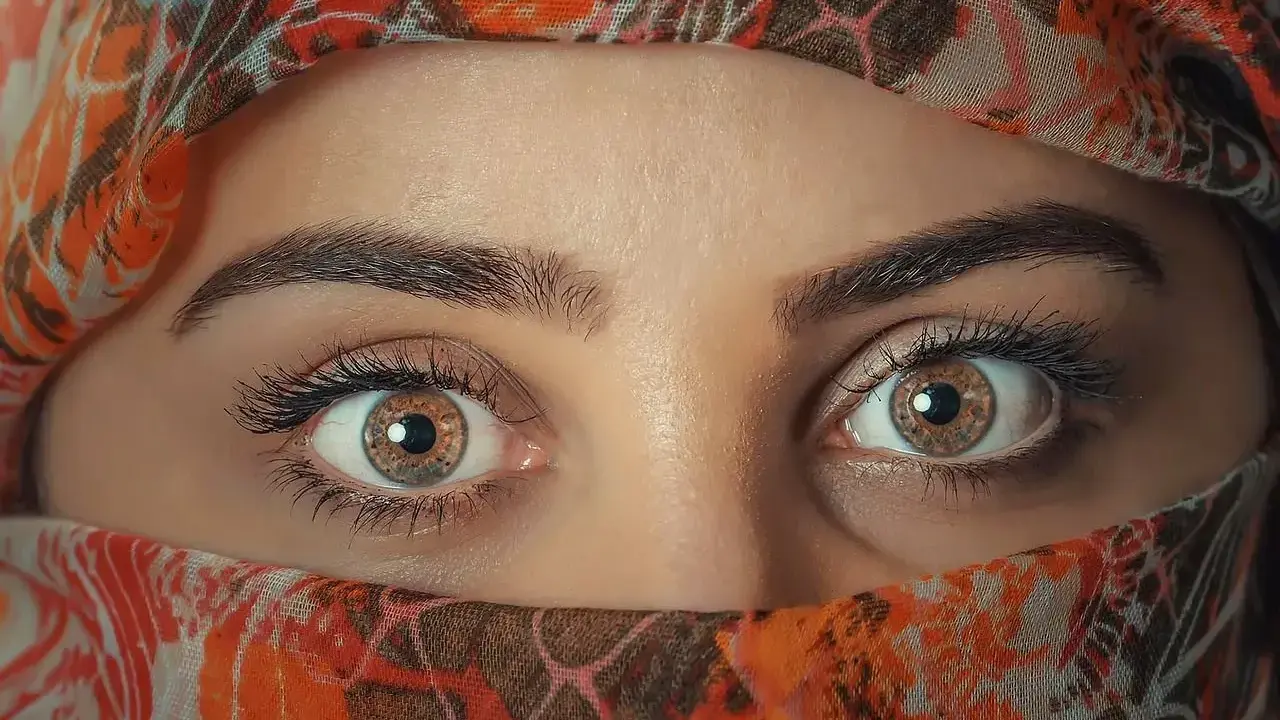 Ojos color miel que miran con curiosidad, enmarcados por un velo con estampado naranja y marrón.