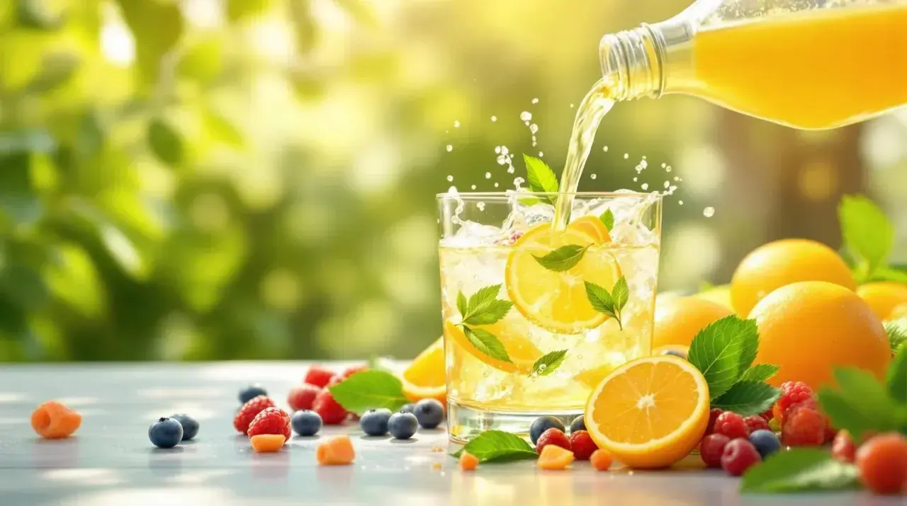 Verre de boisson rafraîchissante avec des rondelles de citron et des feuilles de menthe, arrosé d'un liquide jaune. Autour, des fruits rouges, des myrtilles et des oranges. Une boisson parfaite pour l'hydratation, une eau electrolyte naturelle.