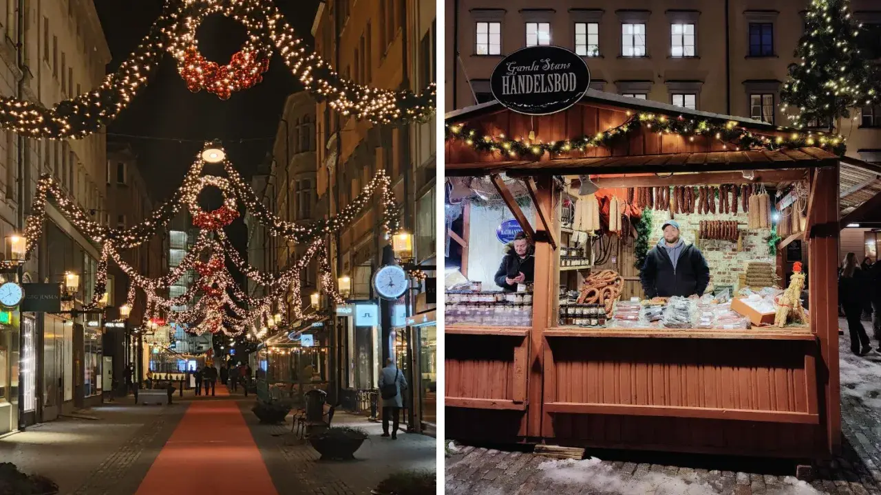 Julbelysning i Stockholm skapar magi på en marknad. En bod säljer korv och godsaker.