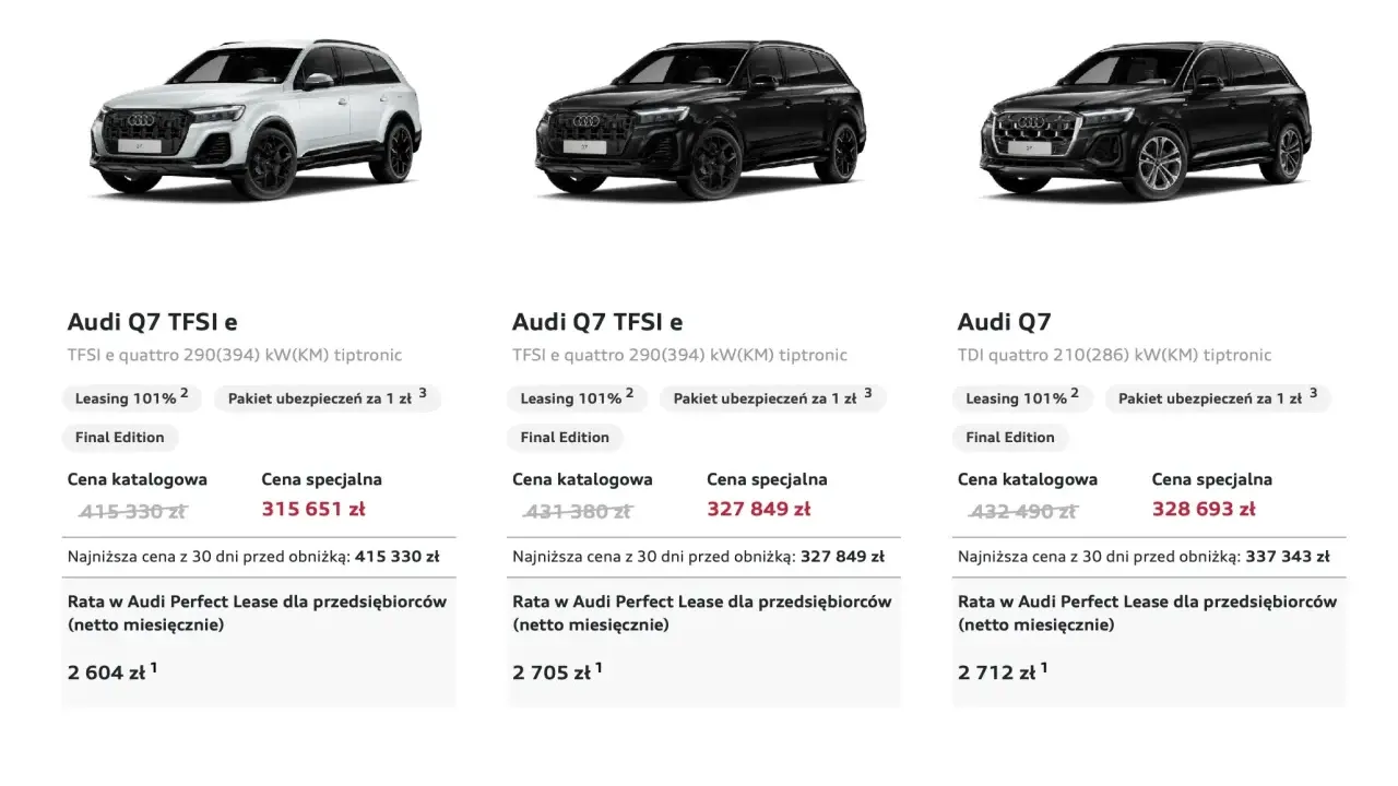 Trzy modele Audi Q7: biały TFSI e, czarny TFSI e i czarny TDI. Sprawdź audi q7 cena i oferty leasingu.