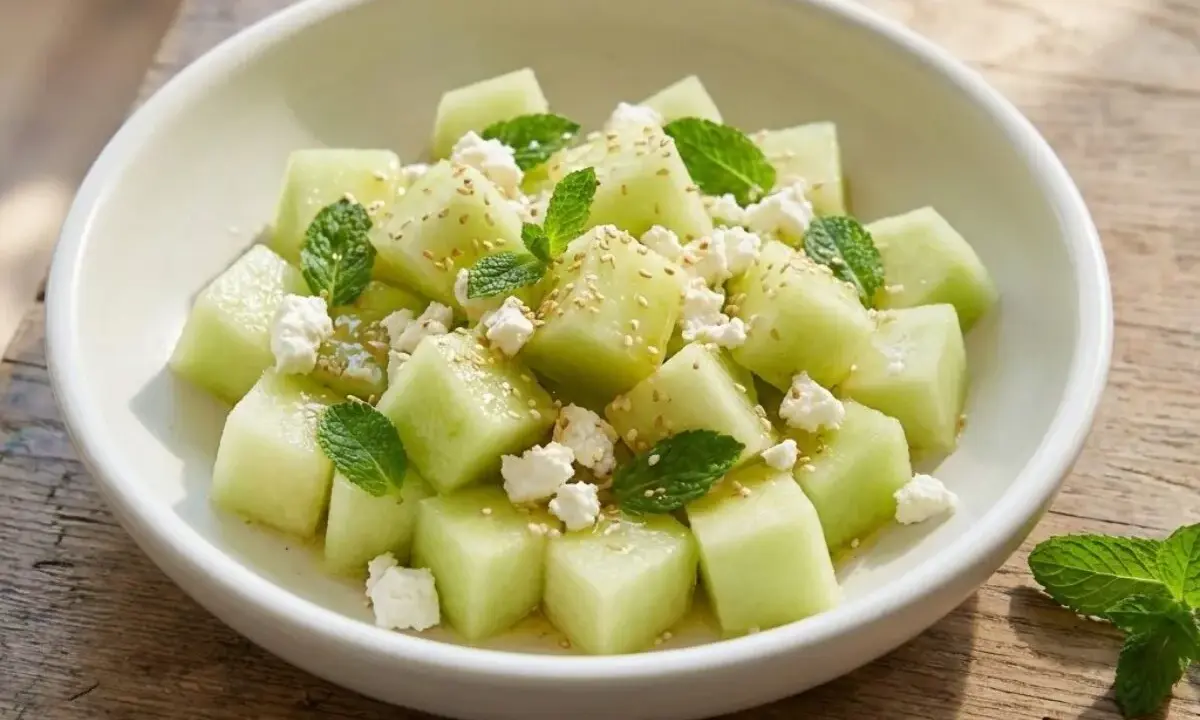 Salade melon feta rafraîchissante, parsemée de menthe fraîche et de graines de sésame, servie dans un bol blanc sur une table en bois.