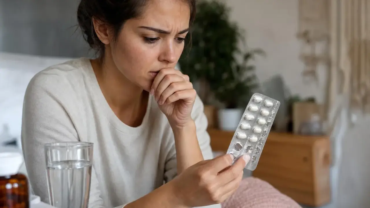 Donna preoccupata guarda un blister di pillole, forse per curare la candida dopo antibiotico.