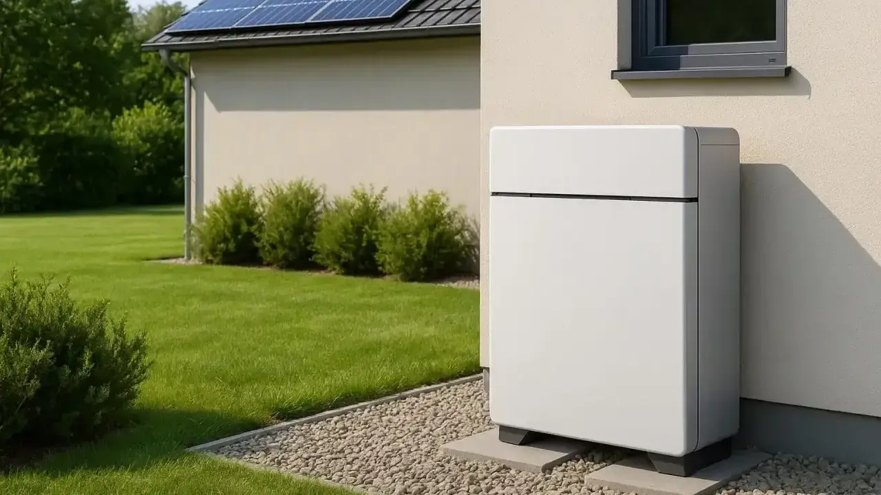 Nowoczesny magazyn energii do fotowoltaiki 10 kW stoi obok domu z panelami słonecznymi.