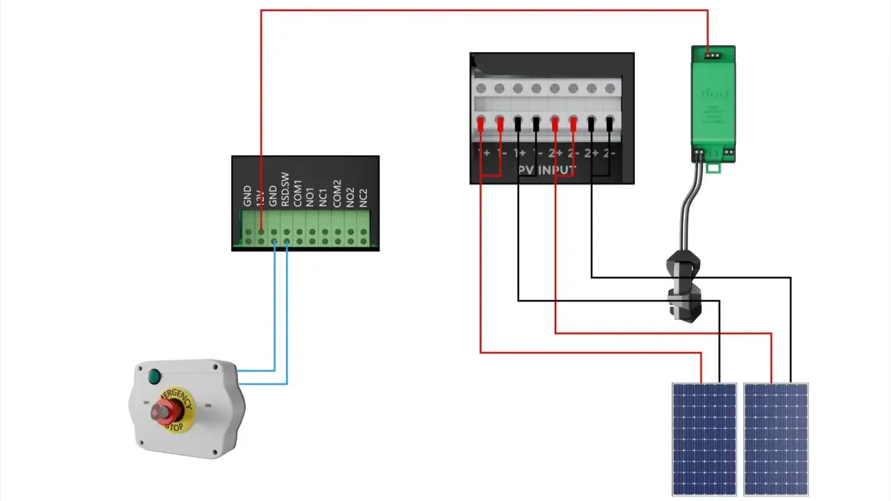 Schema för solcellsanläggning med brandmansbrytare. En grön Tigo-enhet, PV-ingång och en nödstoppknapp är kopplade till solpaneler.
