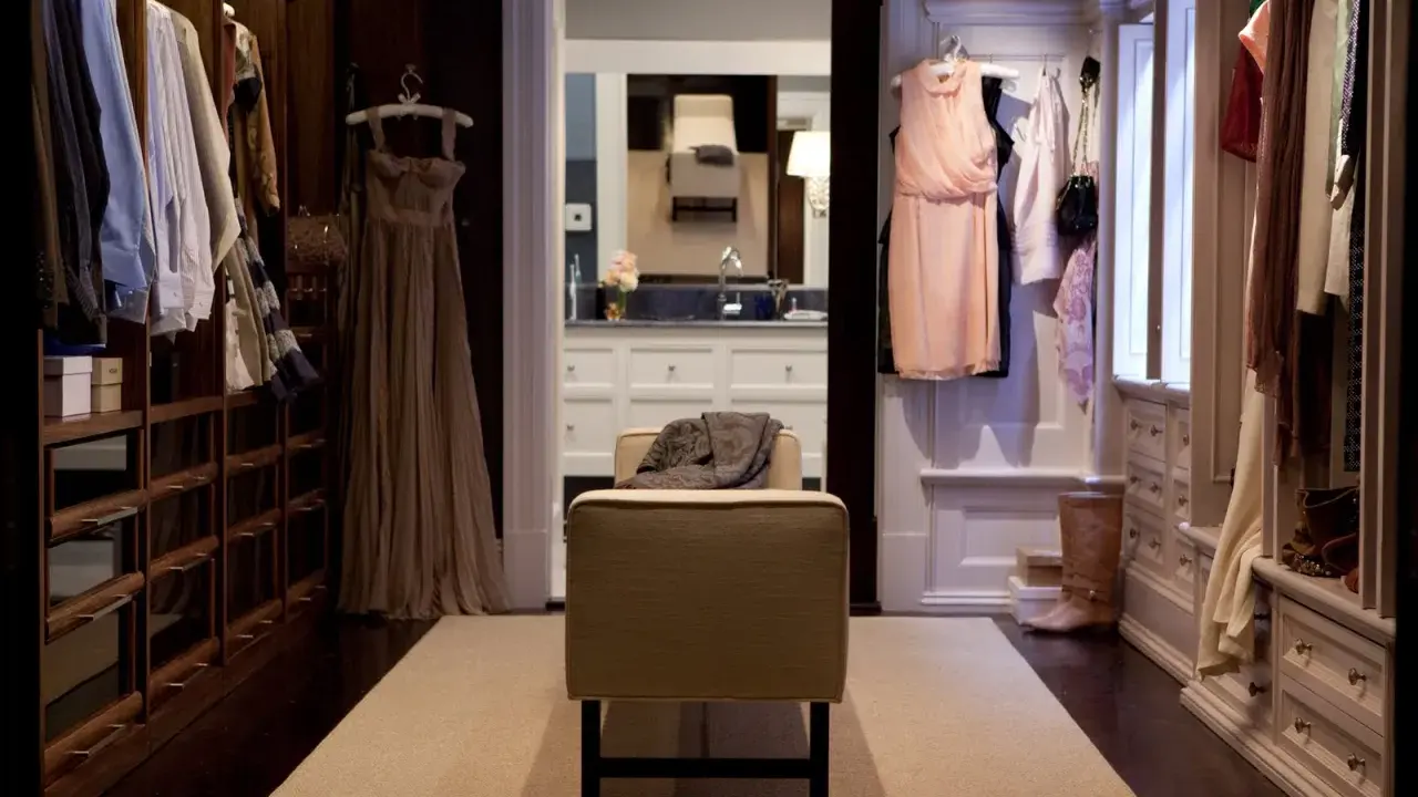 El vestidor de Carrie Bradshaw, lleno de vestidos elegantes y zapatos de diseñador.