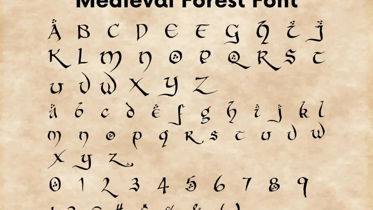 Zestaw liter, cyfr i symboli w stylu średniowieczna czcionka. Litery A-Z, a-z, cyfry 0-9 i znaki specjalne.