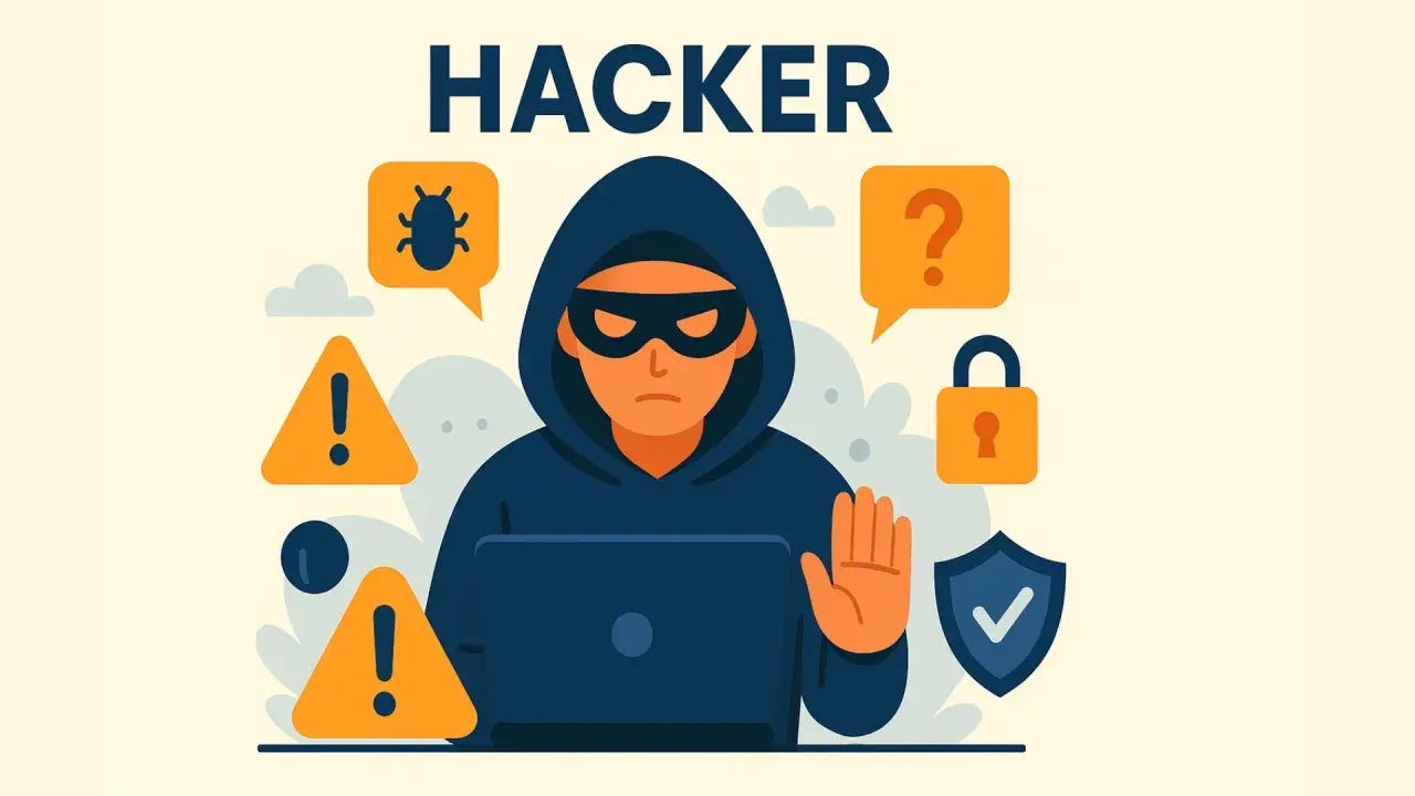 Ein schwarzer Hut Hacker mit Kapuze und Maske sitzt vor einem Laptop. Warnsymbole, ein Käfer und ein Schloss umgeben ihn.