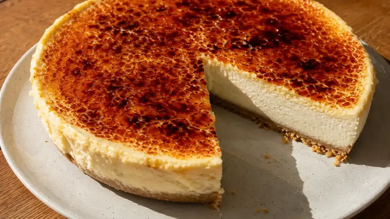 En krämig cheesecake med karamelliserad yta, perfekt för ett creme brulee recept.
