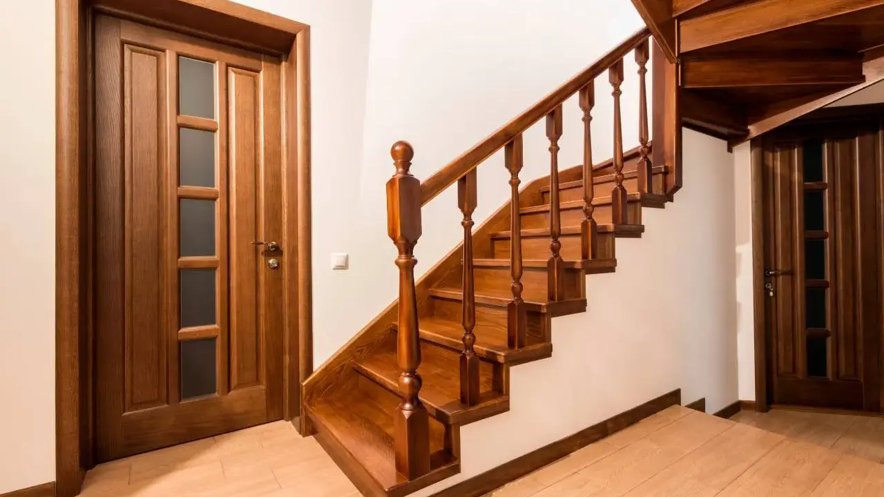 Scala interna in legno scuro con porte abbinate. Idee pittura scala interna: il legno caldo crea un'atmosfera accogliente.