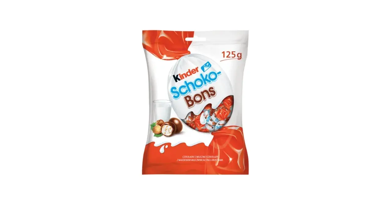 Opakowanie Kinder Schoko-Bons 125g. W środku czekoladki z mlecznej czekolady z nadzieniem mlecznym i orzechami. Zastanawiasz się nad schoko bons kcal?