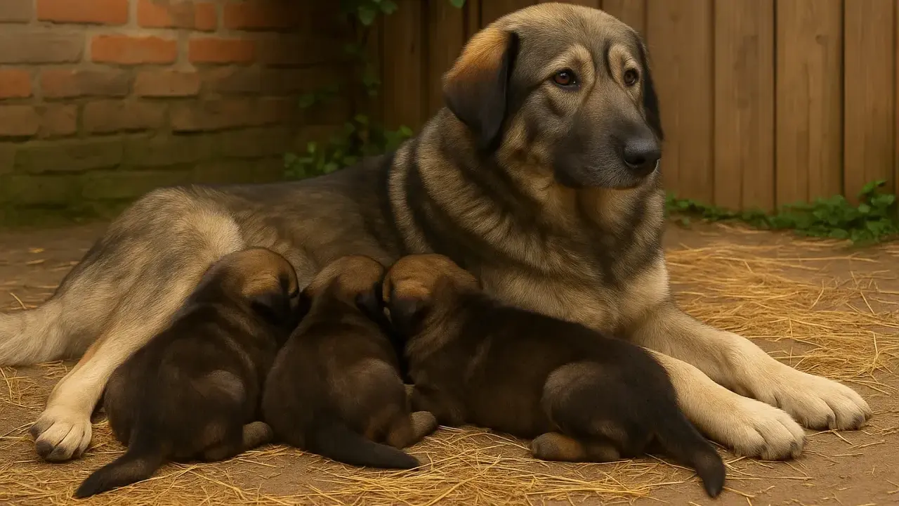 Un majestueux berger des Carpates veille sur ses trois adorables chiots blottis contre lui, dans une scène paisible de tendresse maternelle.