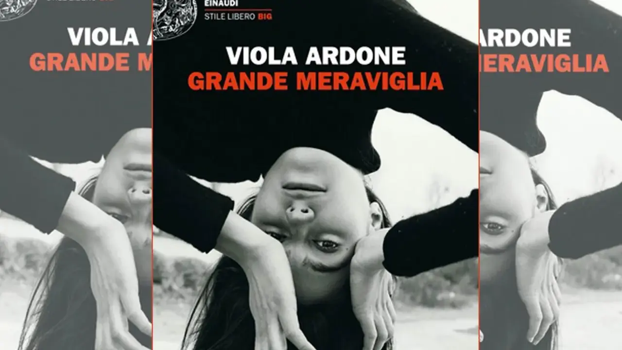 Copertina del libro "Grande Meraviglia" di Viola Ardone, con il volto di una ragazza capovolto.