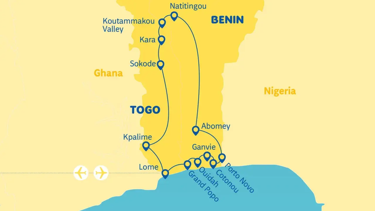 Trasa podróży przez Benin, Togo i Ghanę. Mapa pokazuje miasta takie jak Natitingou, Kpalime, Lome, Ouidah, Cotonou i Porto Novo.