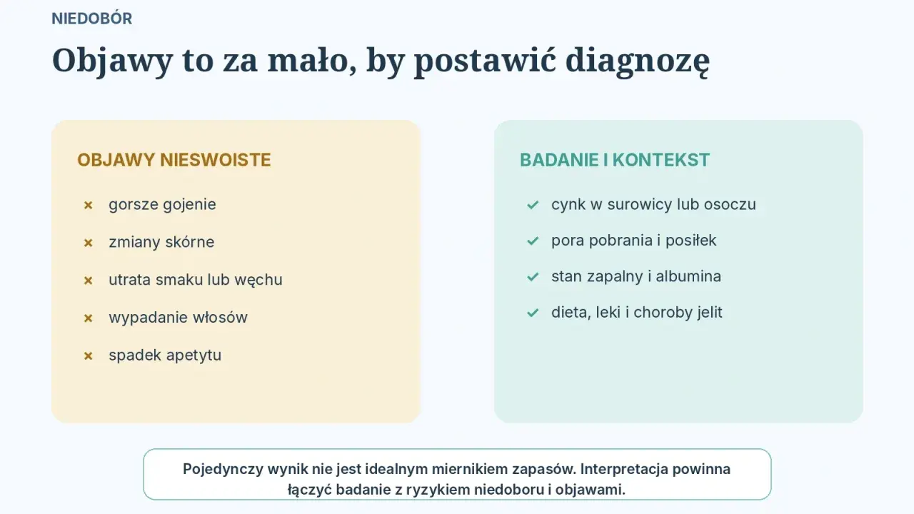 Niedobór cynku objawy: gorsze gojenie, zmiany skórne, utrata smaku/węchu, wypadanie włosów, spadek apetytu. Badania i kontekst.