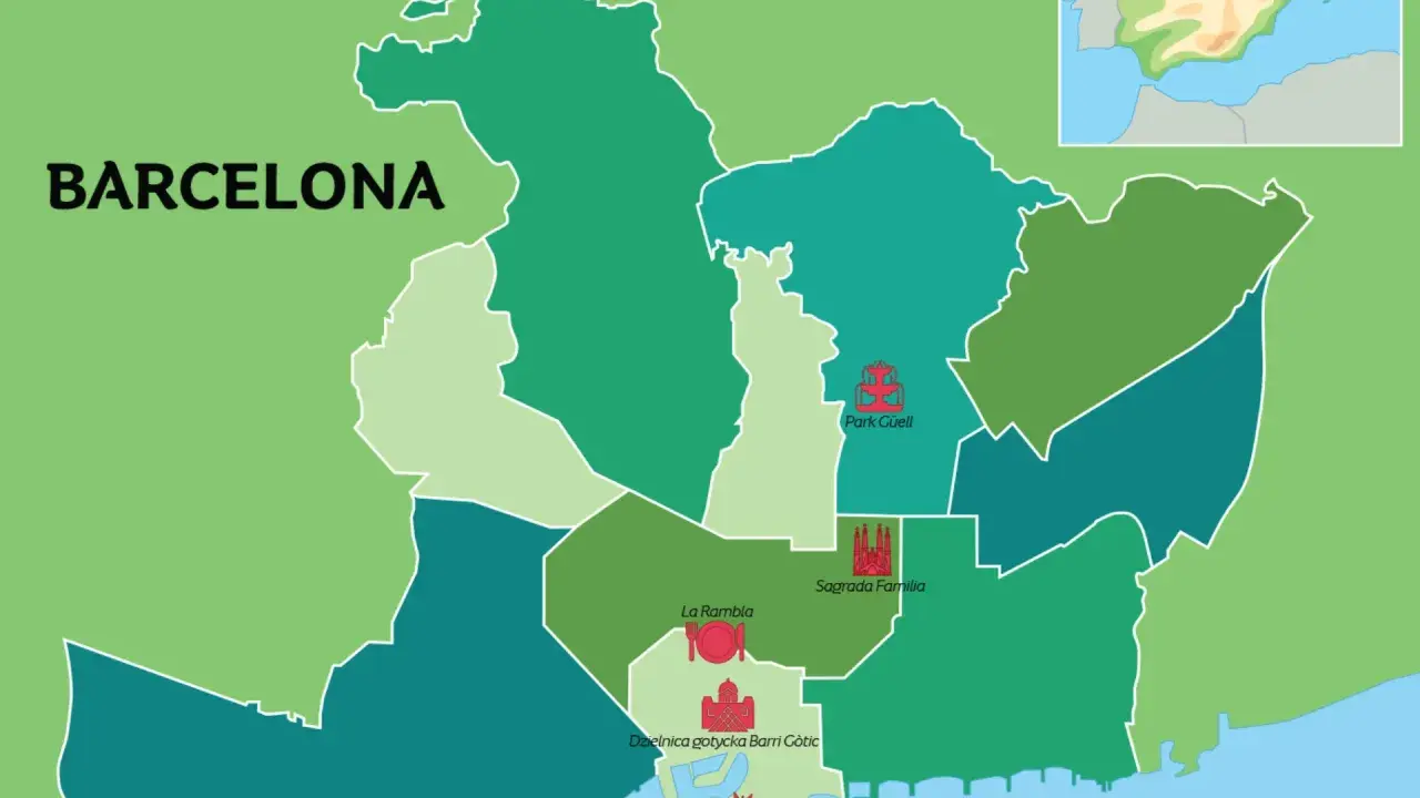 Mapa Barcelony z zaznaczonymi dzielnicami i atrakcjami turystycznymi, w tym Park Güell i Sagrada Familia.