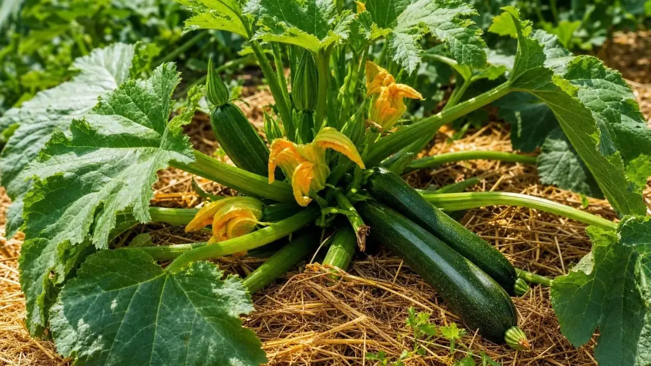 Un plant de courgette prospère, ses fruits verts foncés et ses fleurs jaunes éclatantes se détachant sur un lit de paille.
