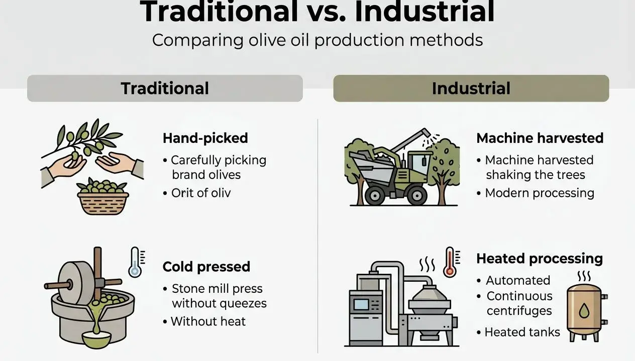 Ilustra cómo se hace el aceite de oliva: tradicionalmente a mano y prensado en frío, o industrialmente con máquinas y calor.