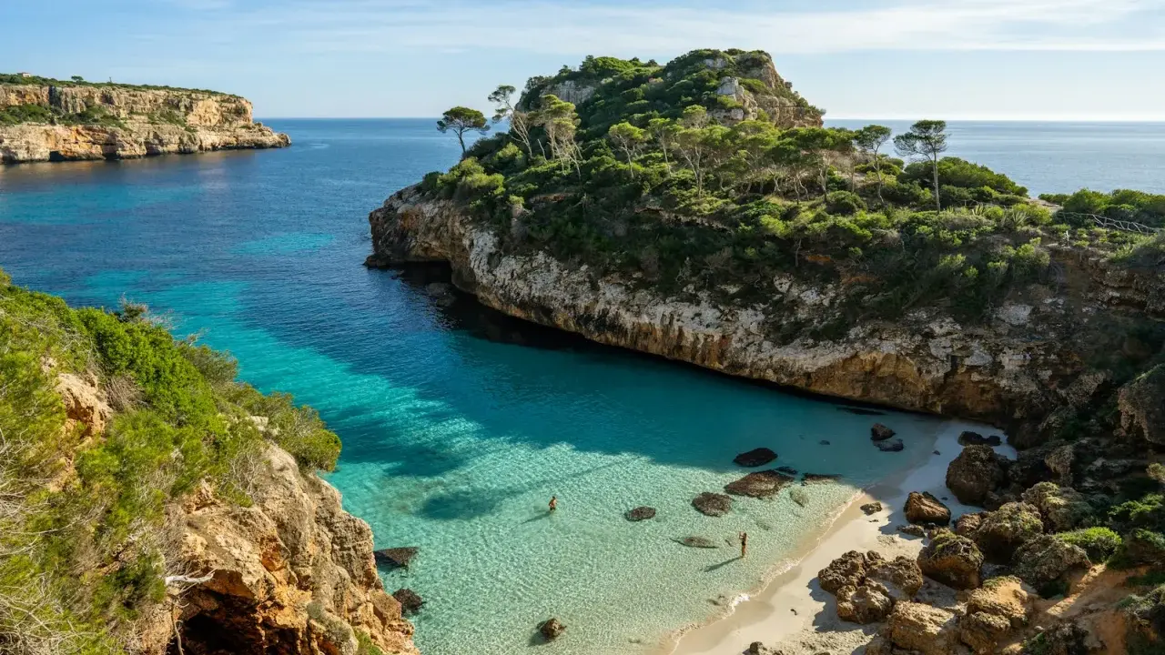 Malownicza zatoczka z turkusową wodą i piaszczystą plażą, otoczona klifami i zielenią. Idealne miejsce na relaks, jedna z pięknych palma de mallorca atrakcje.