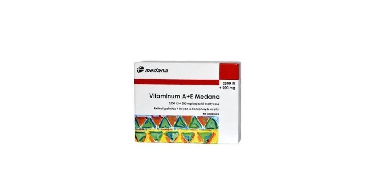 Opakowanie Vitaminum A+E Medana. Przed zastosowaniem zapoznaj się z ulotką, aby poznać witamina a+e przeciwwskazania.