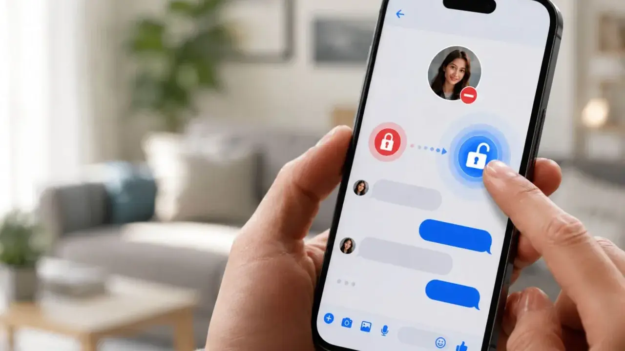 Palec dotyka ikony odblokowanego zamka na ekranie telefonu, pokazując jak odblokować kogoś na FB na telefonie.
