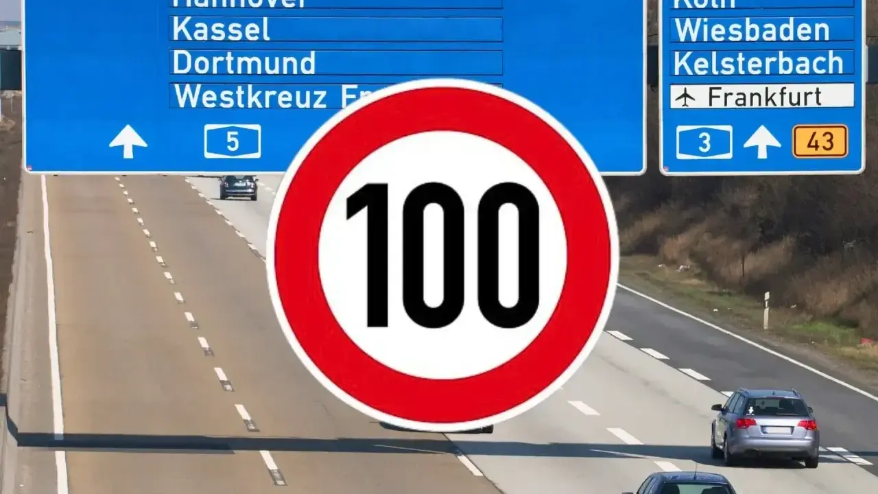 Na autostradzie A9 znak ograniczenia prędkości do 100 km/h i drogowskazy do Hanoweru, Dortmundu, Kolonii i Frankfurtu.