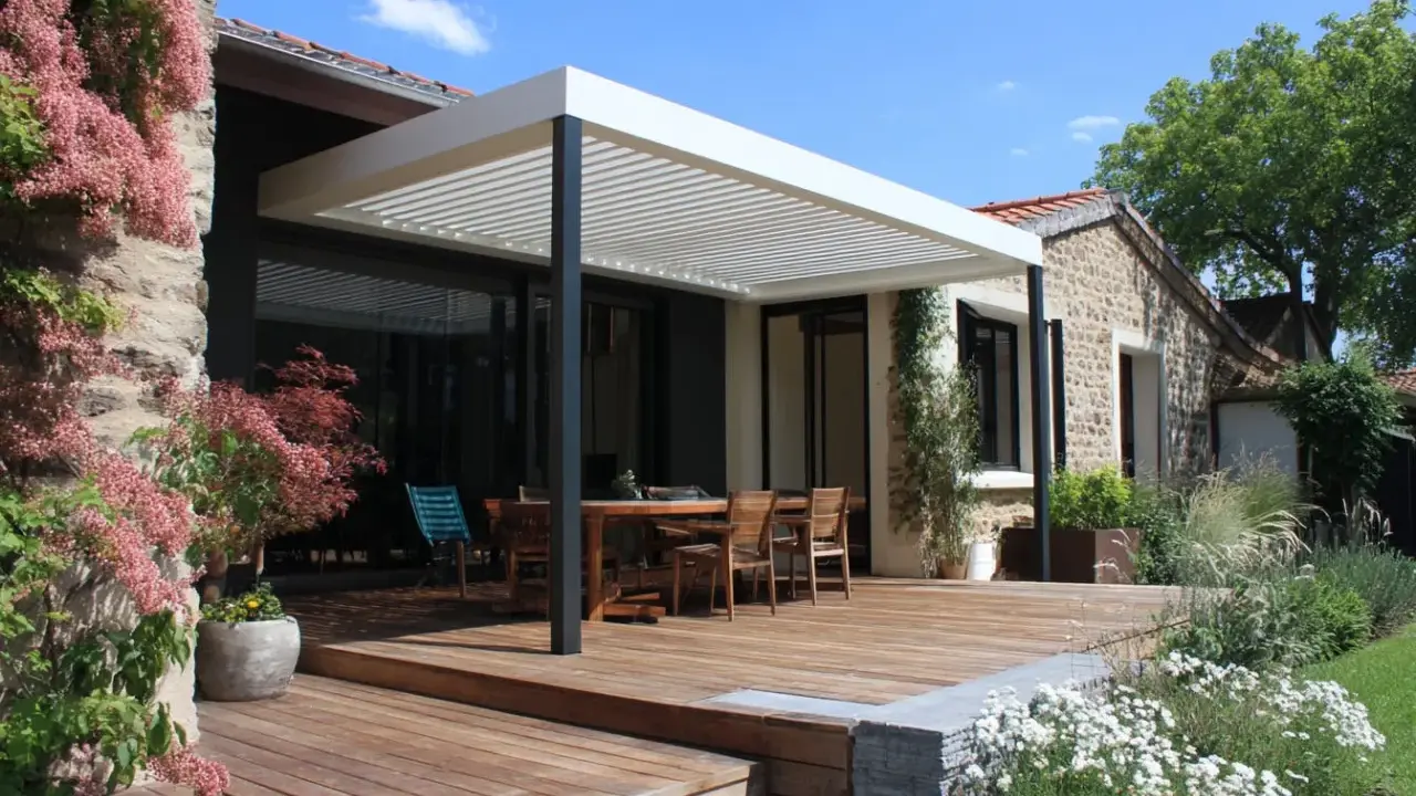 Construction d'une pergola moderne sur une terrasse en bois, avec une table et des chaises, devant une maison en pierre.